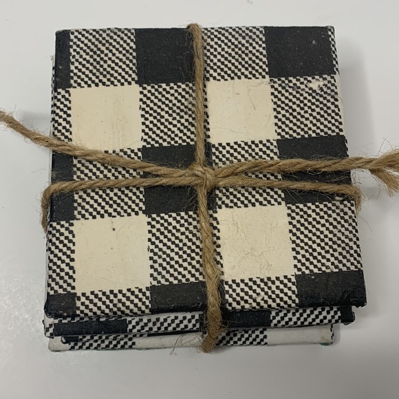 Black & White Check Plaid Pattern Ceramic Coasters | Bundle of 4 Dining Kitchen - Picture 7 of 7